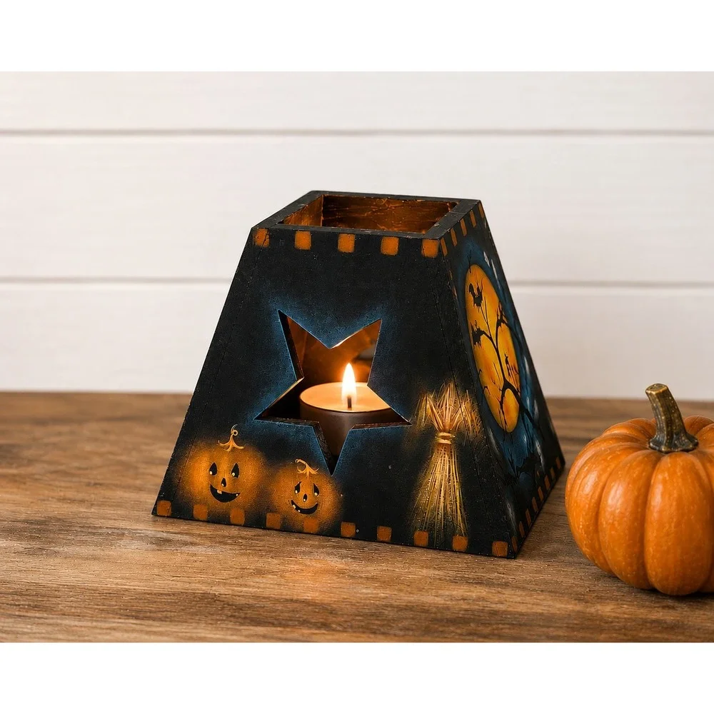 Hand Painted Wooden Halloween Tealight Candle Holder Primitive Jack O Lantern 5